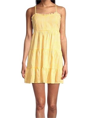 Juniors Yellow Gingham Babydoll Dress with Ruffled Trim and Spaghetti Straps